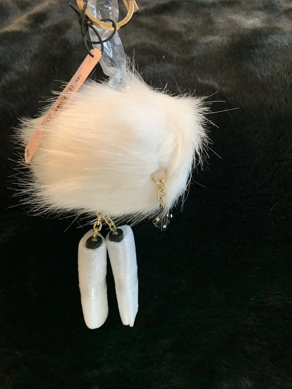 Victoria's Secret White Faux Fur Pom Pom Keychain with Red Sequin Lip Accent